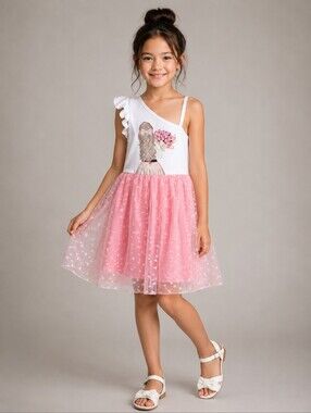 Girls Pink Tulle One Shoulder Party Dress Size 9Y
